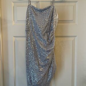Emerald Sundae Silver Sequin Draped Midi Dress